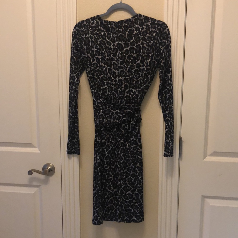 Long Sleeve Black and Gray Leopard Wrap Dress - Picture 3 of 3